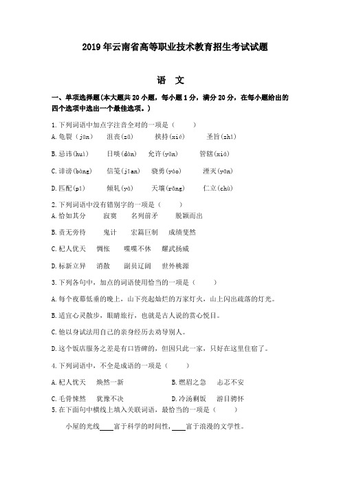 2019年云南省高等职业技术教育招生考试试题语文