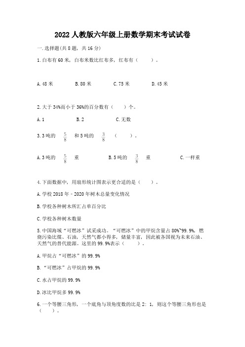 2022人教版六年级上册数学期末考试试卷附精品答案