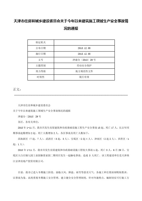 天津市住房和城乡建设委员会关于今年以来建筑施工领域生产安全事故情况的通报-津建办〔2018〕29号