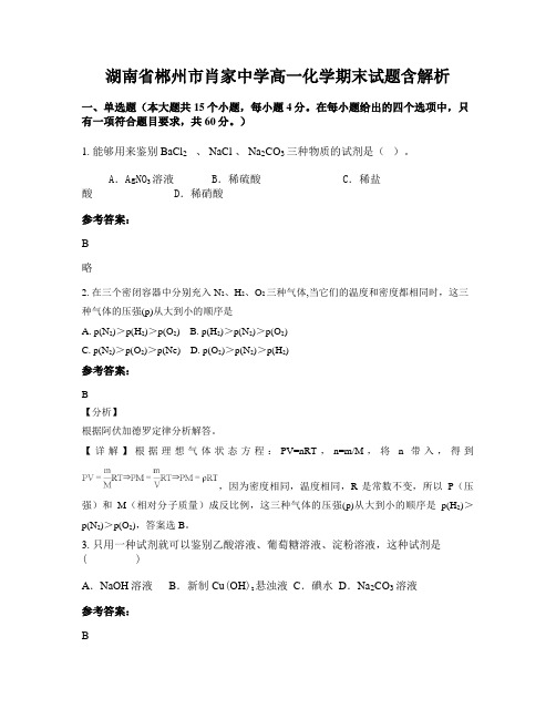 湖南省郴州市肖家中学高一化学期末试题含解析