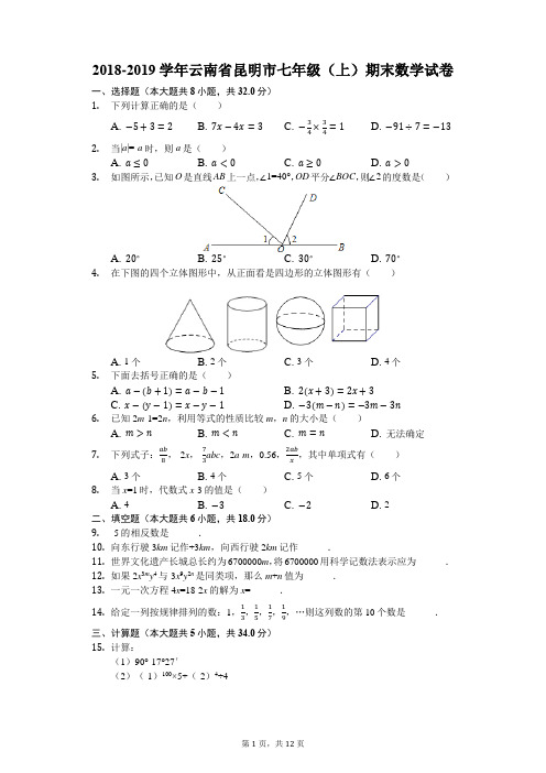 2018-2019学年云南省昆明市七年级(上)期末数学试卷(解析版)