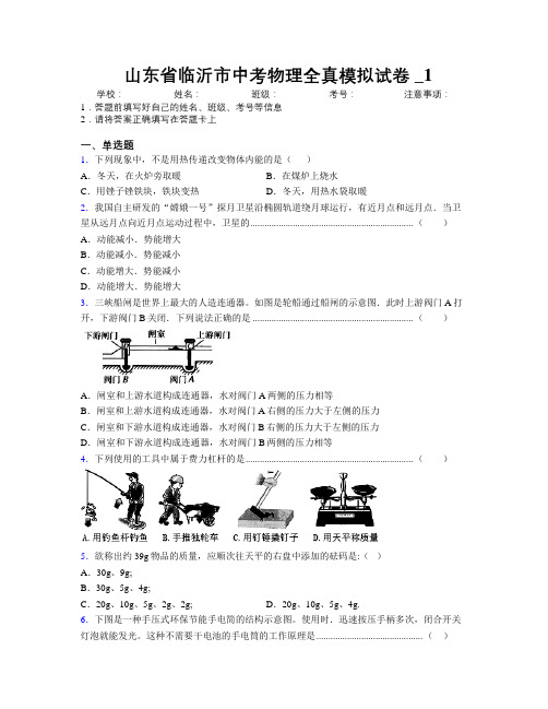 最新山东省临沂市中考物理全真模拟试卷及解析_1