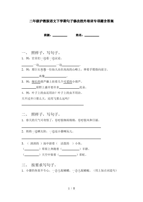 二年级沪教版语文下学期句子修改校外培训专项题含答案