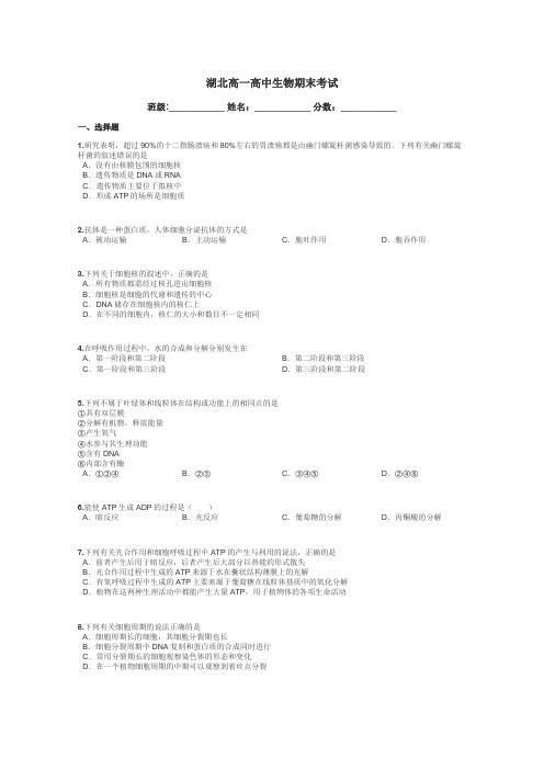 湖北高一高中生物期末考试带答案解析
