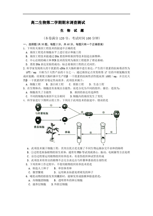 高二生物第二学期期末调查测试.doc