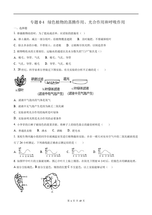 中考生物挑战压轴题-专题04 绿色植物的蒸腾作用、光合作用和呼吸作用