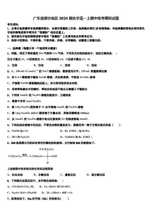 广东省部分地区2024届化学高一上期中统考模拟试题含解析