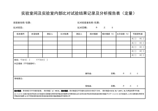 实验室间及实验室内部比对试验结果记录及分析报告表