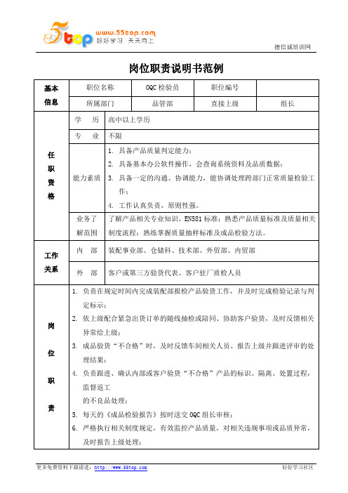 OQC检验员岗位职责说明书