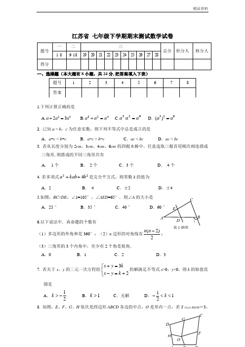 江苏省2020年七年级下学期期末测试数学试卷6