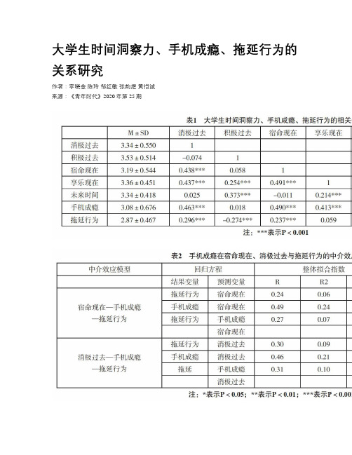 大学生时间洞察力、手机成瘾、拖延行为的关系研究