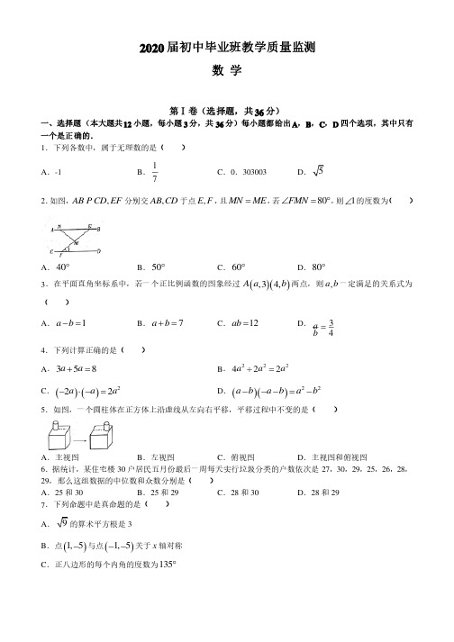 2020届初中毕业班教学质量监测数学试题（含解析）