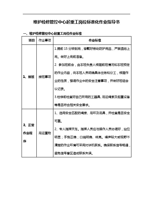 维护检修管控中心起重工岗位标准化作业指导书