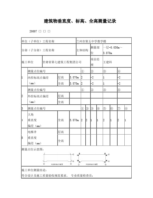 建筑物垂直度、标高、全高测量记录