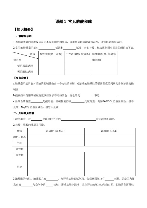 2022-2023学年九年级化学下册《常见的酸和碱》考点精讲精练原卷