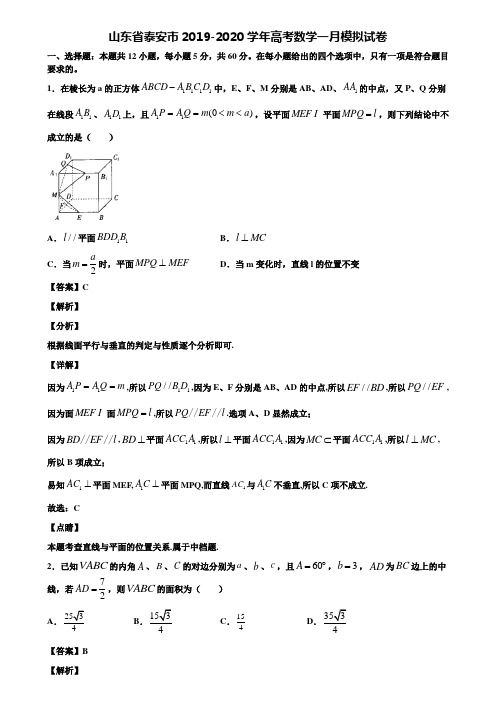 山东省泰安市2019-2020学年高考数学一月模拟试卷含解析