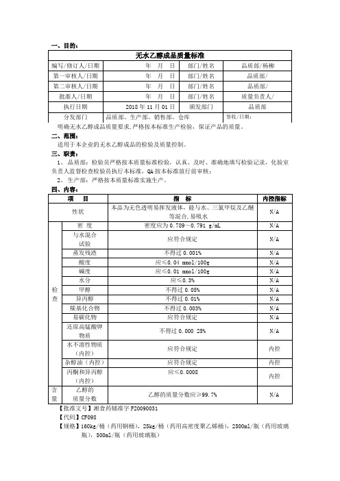 无水乙醇成品质量标准