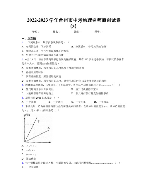 2022-2023学年台州市中考物理名师原创试卷(3)