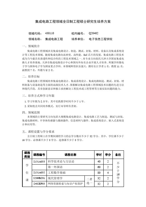 集成电路工程领域全日制工程硕士研究生培养方案领域代码430110