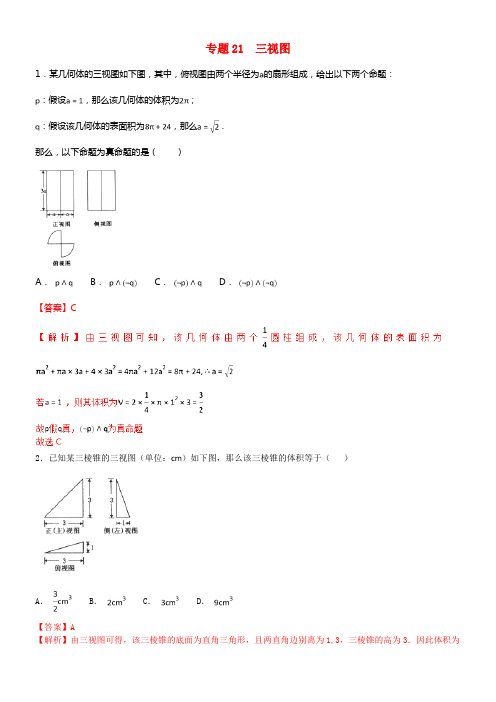 2018年高考数学小题精练系列第02期专题21三视图理