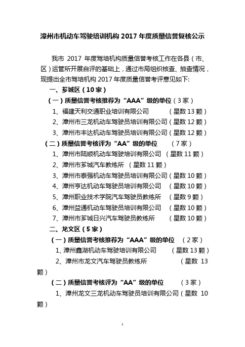 漳州市机动车驾驶培训机构2017年度质量信誉复核公示