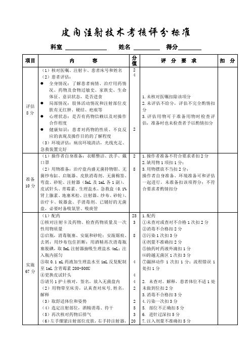 皮内注射技术考核评分标准