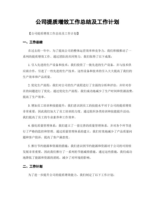 公司提质增效工作总结及工作计划