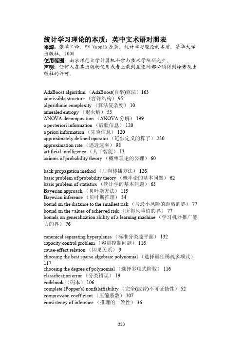 英中文术语对照表(统计学习理论的本质-张学工译)