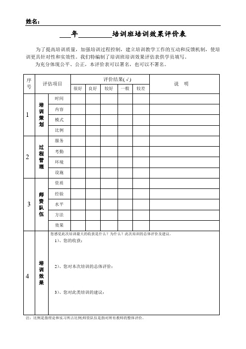 培训效果短期评估表