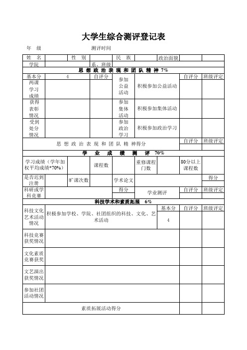 大学生综合测评登记表样表