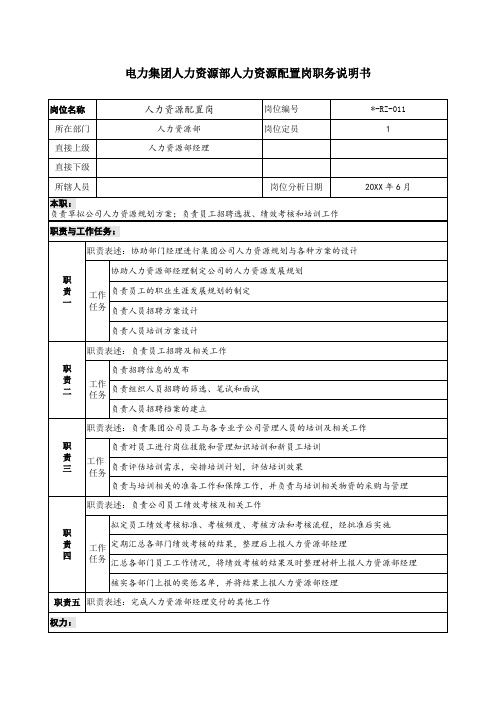 电力行业-电力集团人力资源部人力资源配置岗职务说明书 精品