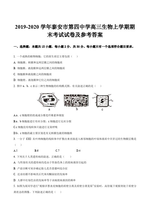 2019-2020学年泰安市第四中学高三生物上学期期末考试试卷及参考答案