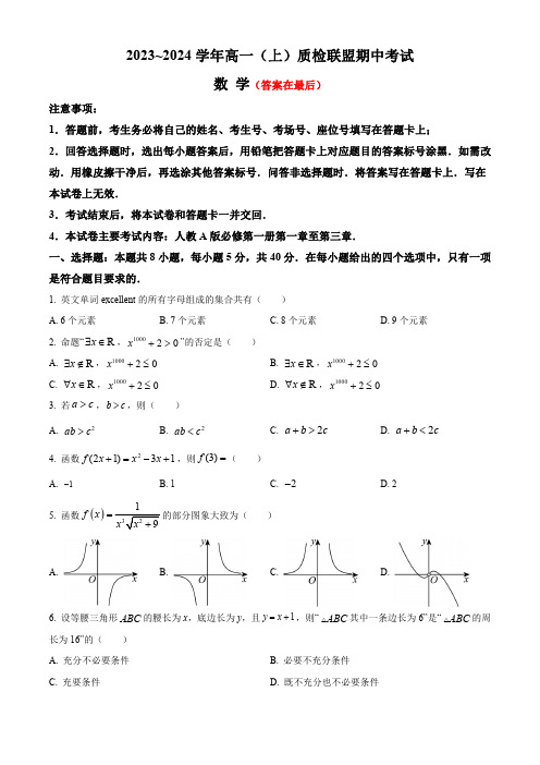 河北省邢台市部分学校2023-2024学年高一上学期期中考试 数学含解析