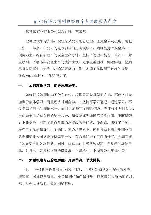 矿业有限公司副总经理个人述职报告范文