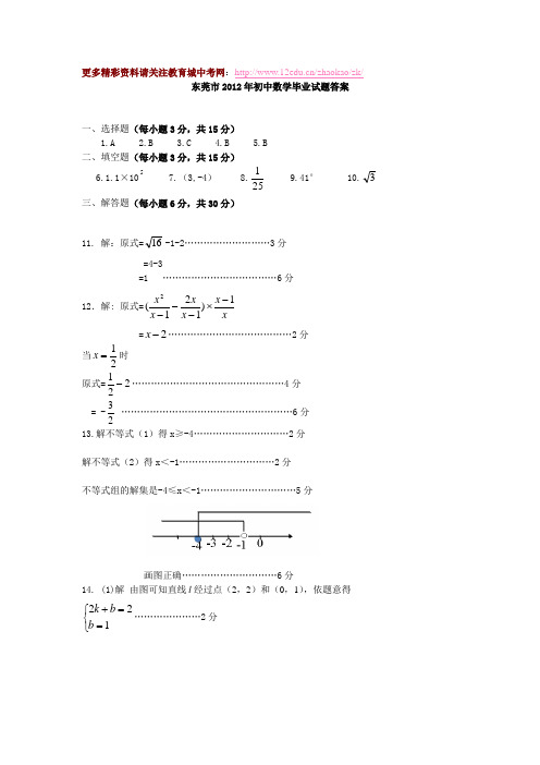 东莞市2012年初中毕业考试数学试题答案