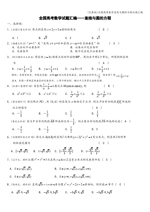 (完整版)全国高考数学直线与圆的方程试题汇编