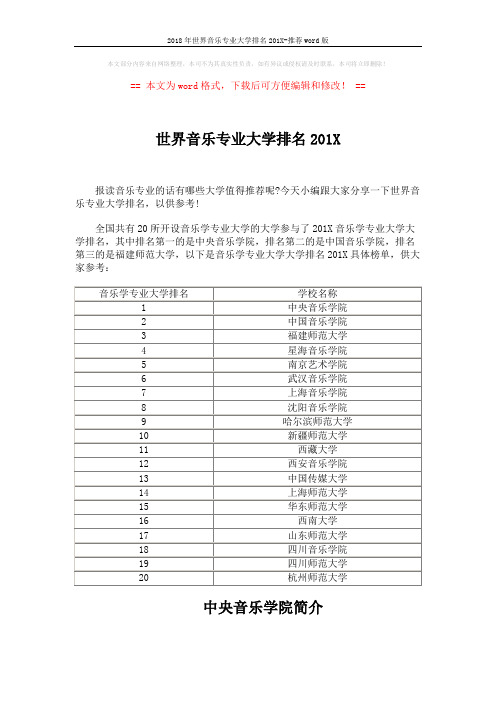 2018年世界音乐专业大学排名201X-推荐word版 (2页)