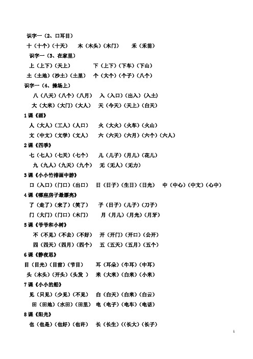 人教版一年级上册生字组词大全