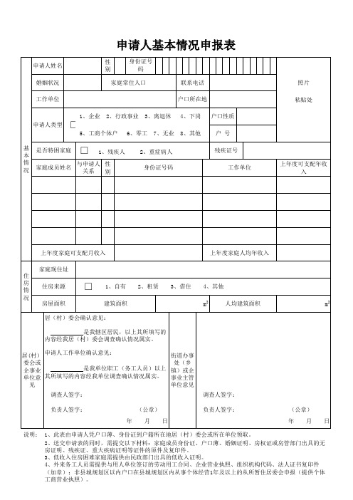 申请人基本情况申报表