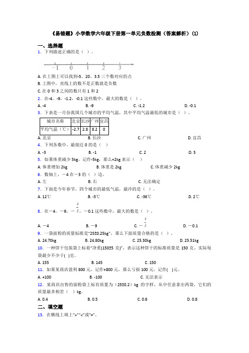 《易错题》小学数学六年级下册第一单元负数检测(答案解析)(1)