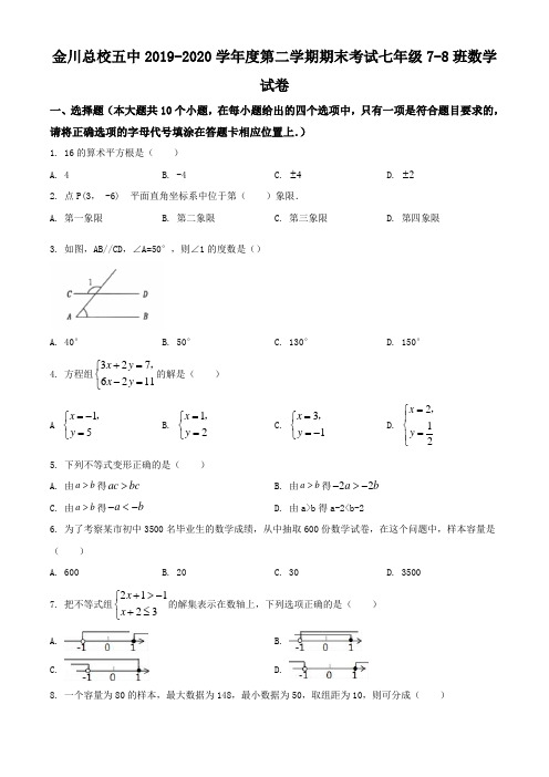 甘肃省金昌市金川总校第五中学2019-2020学年七年级下学期期末7-8班数学试题(含解析)