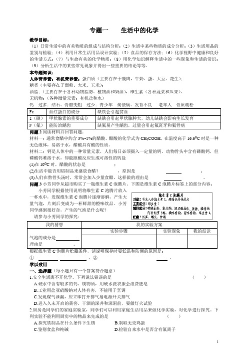 九年级化学总复习教学案1    生活中的化学