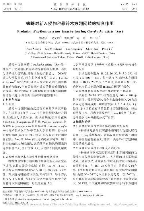 蜘蛛对新入侵物种悬铃木方翅网蝽的捕食作用