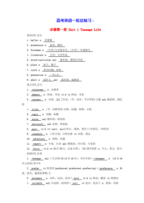 2025版高考英语一轮总复习重点单词必修第一册Unit1TeenageLife(含答案)