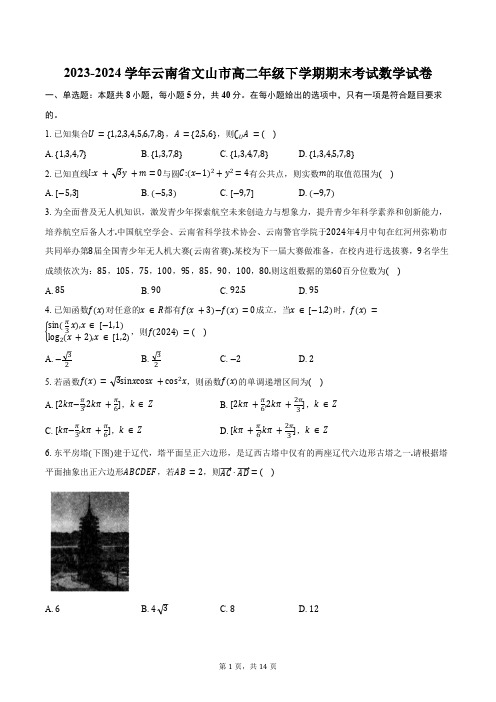 2023-2024学年云南省文山市高二年级下学期期末考试数学试卷(含解析)