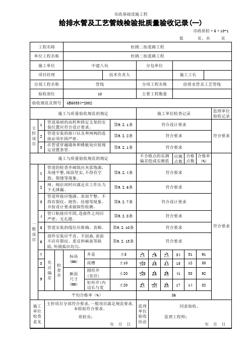 (市政质检5.10)给排水管及工艺管线检验批质量验收记录