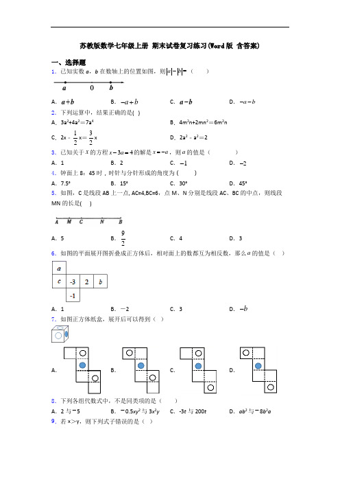 苏教版数学七年级上册 期末试卷复习练习(Word版 含答案)