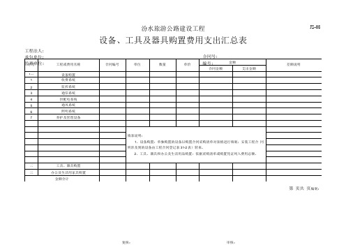 设备、工具及器具购置费用支出汇总表