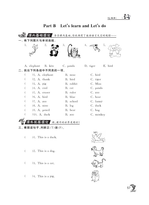 三年级上册英语试题-随堂练习Unit4 We love animals·PartB Lets learn and Lets do丨人教PEP 含答案