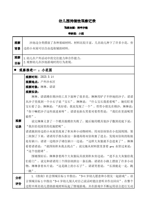 幼儿园小班(户外沙水游戏)持续性观察记录